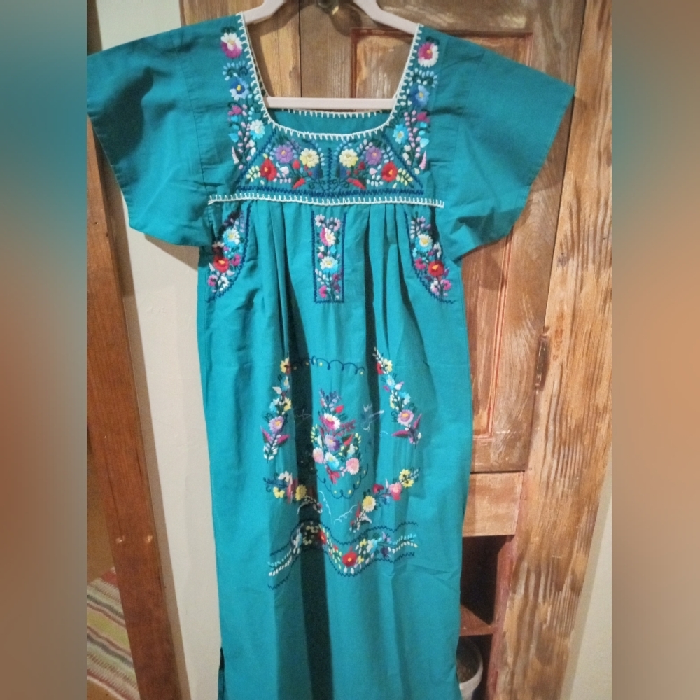 MEXICO Made Teal Maxi Dress with Floral Embroidery
